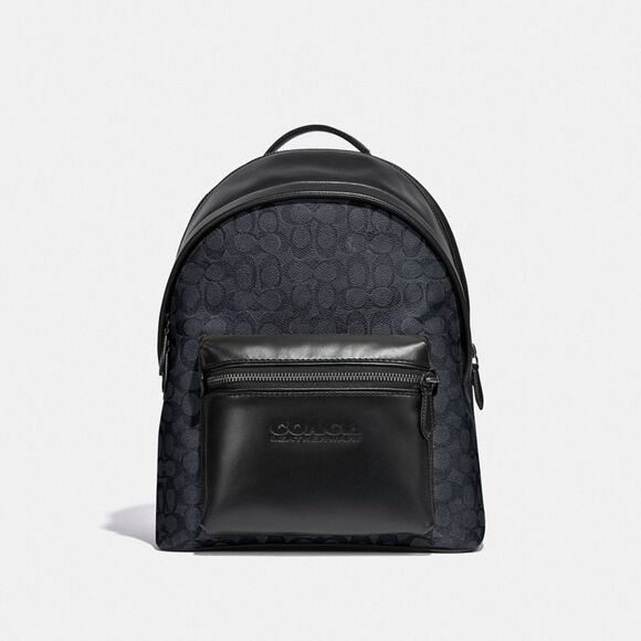 Coach Charter Leather Backpack Medium Signature Jacquard Charcoal Black C2670 - Picture 1 of 5